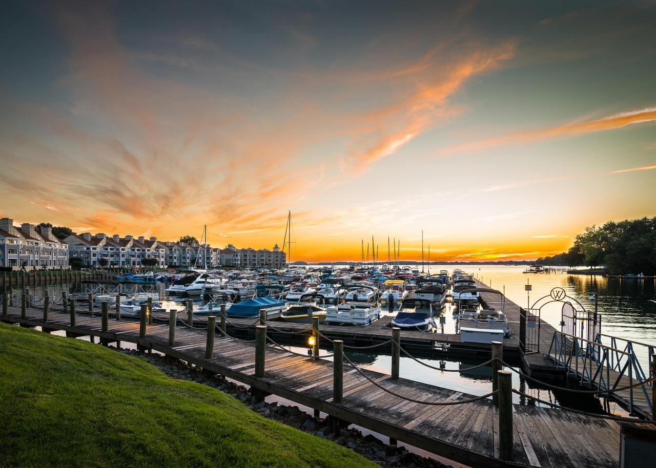 A shot of Lake Norman, North Carolina after the sun set at the shore along the marina near Charlotte.